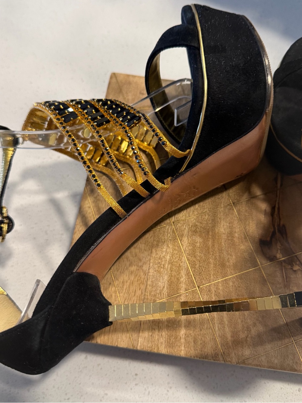 🔥RARE FIND! Frances Cosacco Black & Gold Crystal-Embellished Gold Stiletto Heels - Picture 11 of 12